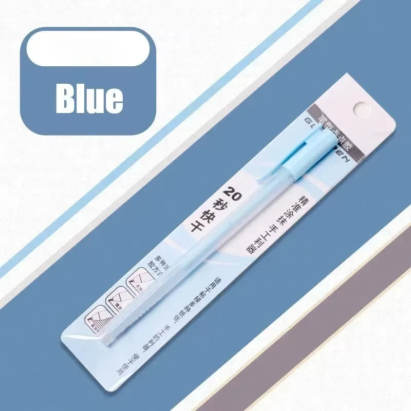 A blue glue pen is shown next to a color swatch, ready for precision crafting.