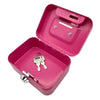 A pink metal key lock cash box with the lid open, showing a key inside.