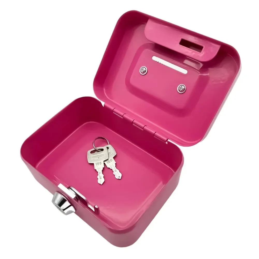 A pink metal key lock cash box with the lid open, showing a key inside.