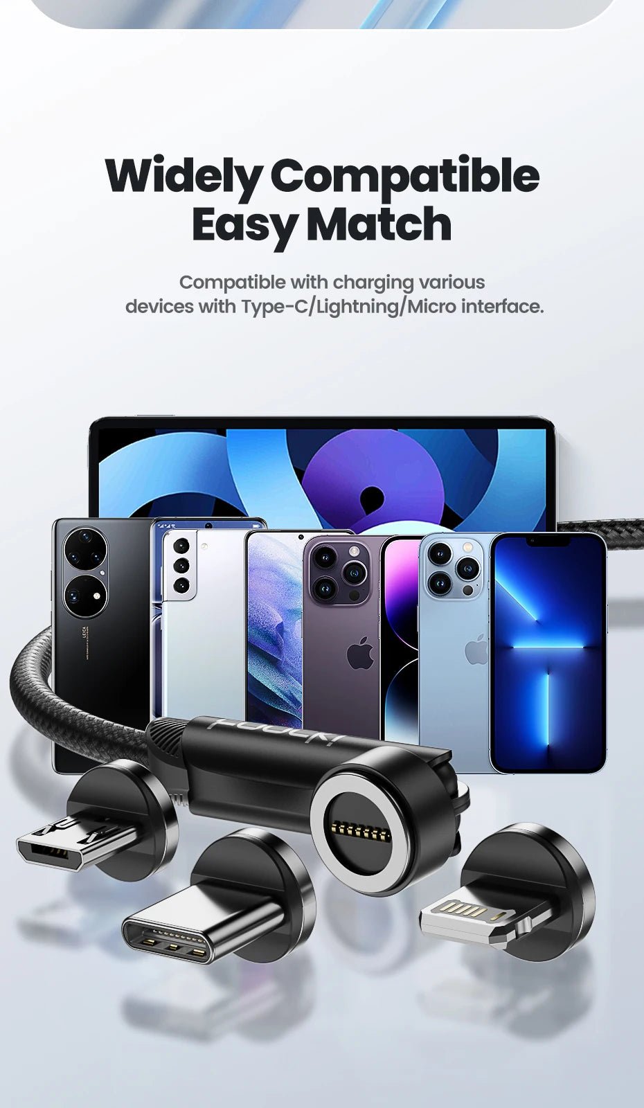 A magnetic charging cable shown with various connectors for iPhone and Android devices.