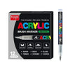 A set of 12 silver acrylic brush markers with various colors and tips for art and crafting.