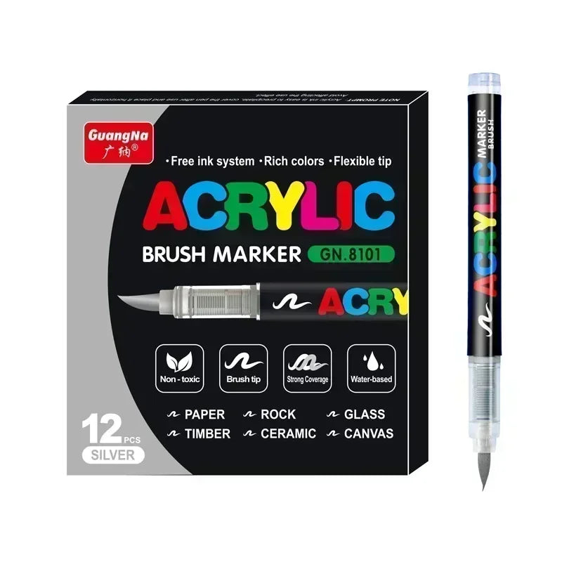 A set of 12 silver acrylic brush markers with various colors and tips for art and crafting.