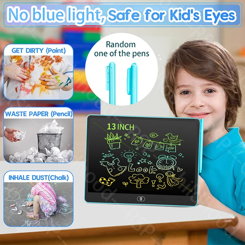 An interactive LCD writing tablet for kids is shown with various items demonstrating its safety features against paint, paper