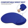 A blue ergonomic wrist rest pad is shown with a finger pointing to the soft support area.