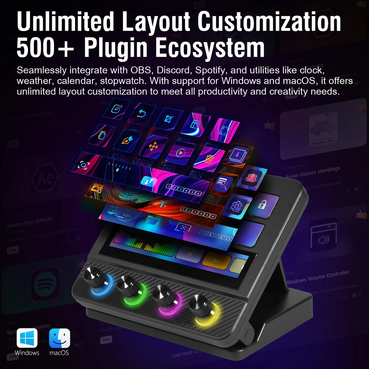 A black Stream Deck controller with 10 LCD keys and a touch panel displaying various layouts and software integration options
