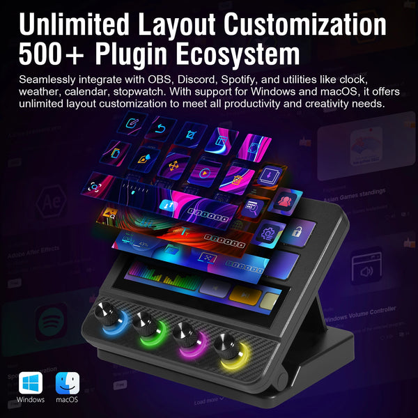 A black Stream Deck controller with 10 LCD keys and a touch panel displaying various layouts and software integration options