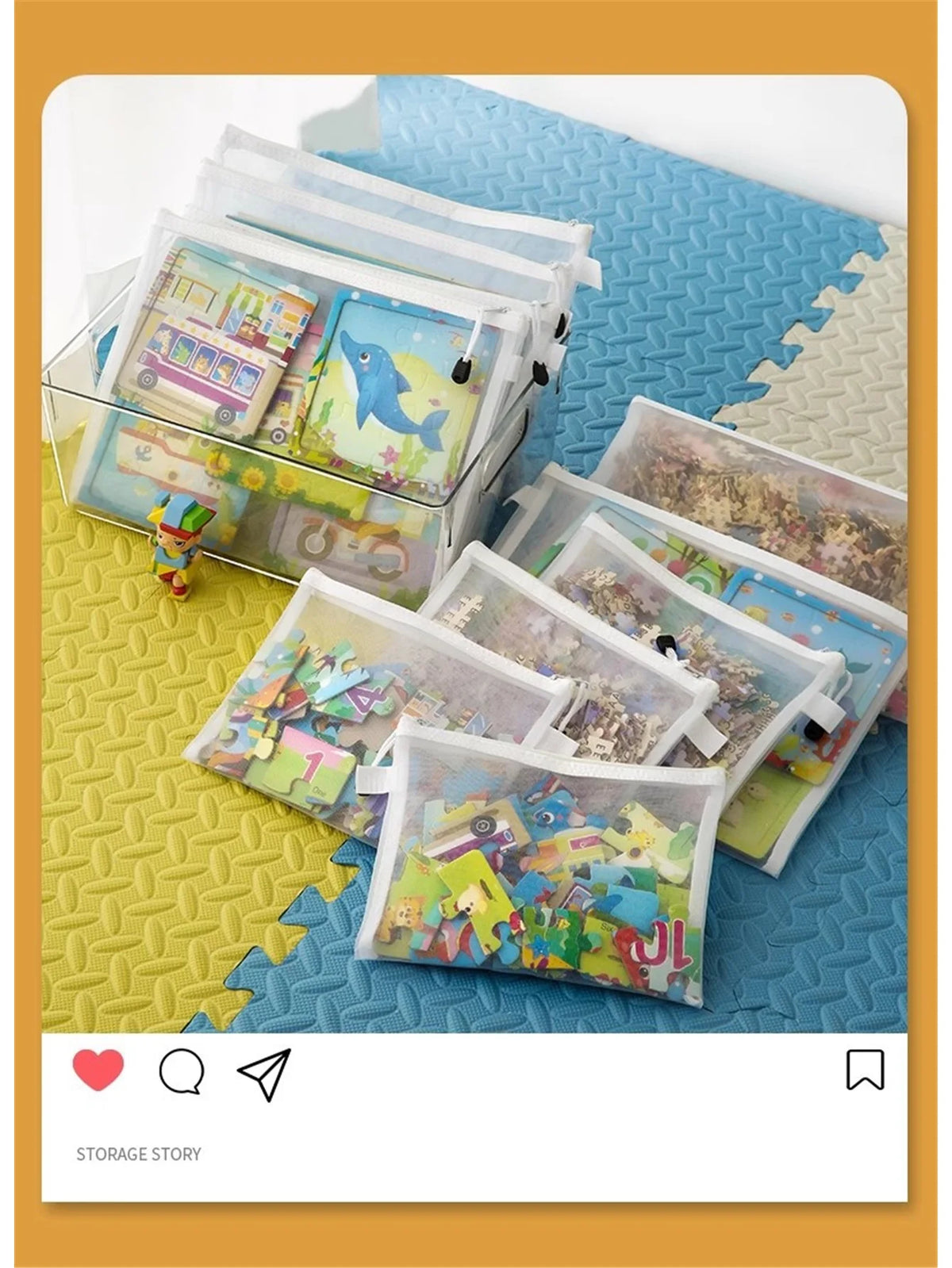 A set of clear reusable zipper mesh storage bags filled with colorful toys and craft items on a blue textured surface.