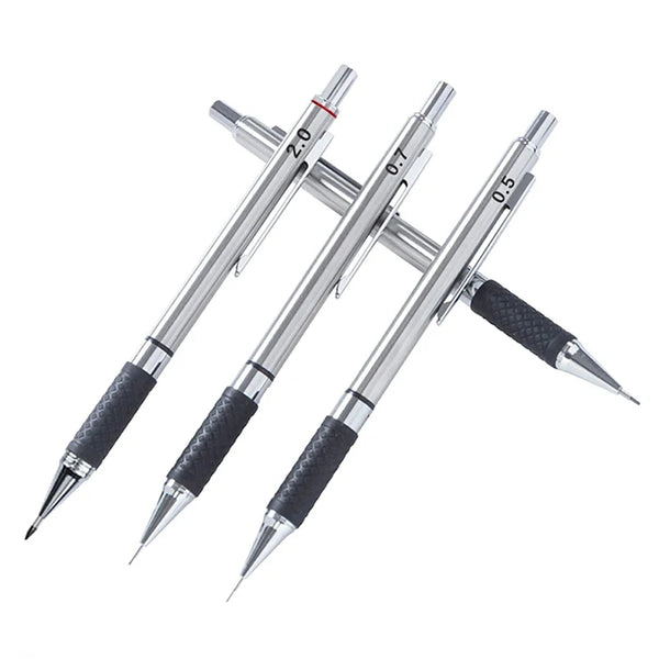 A set of metal mechanical pencils showing different lead sizes labeled 2.0, 0.7, and 0.5.