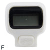 A white thumb tally counter device with a black digital display and a round button.