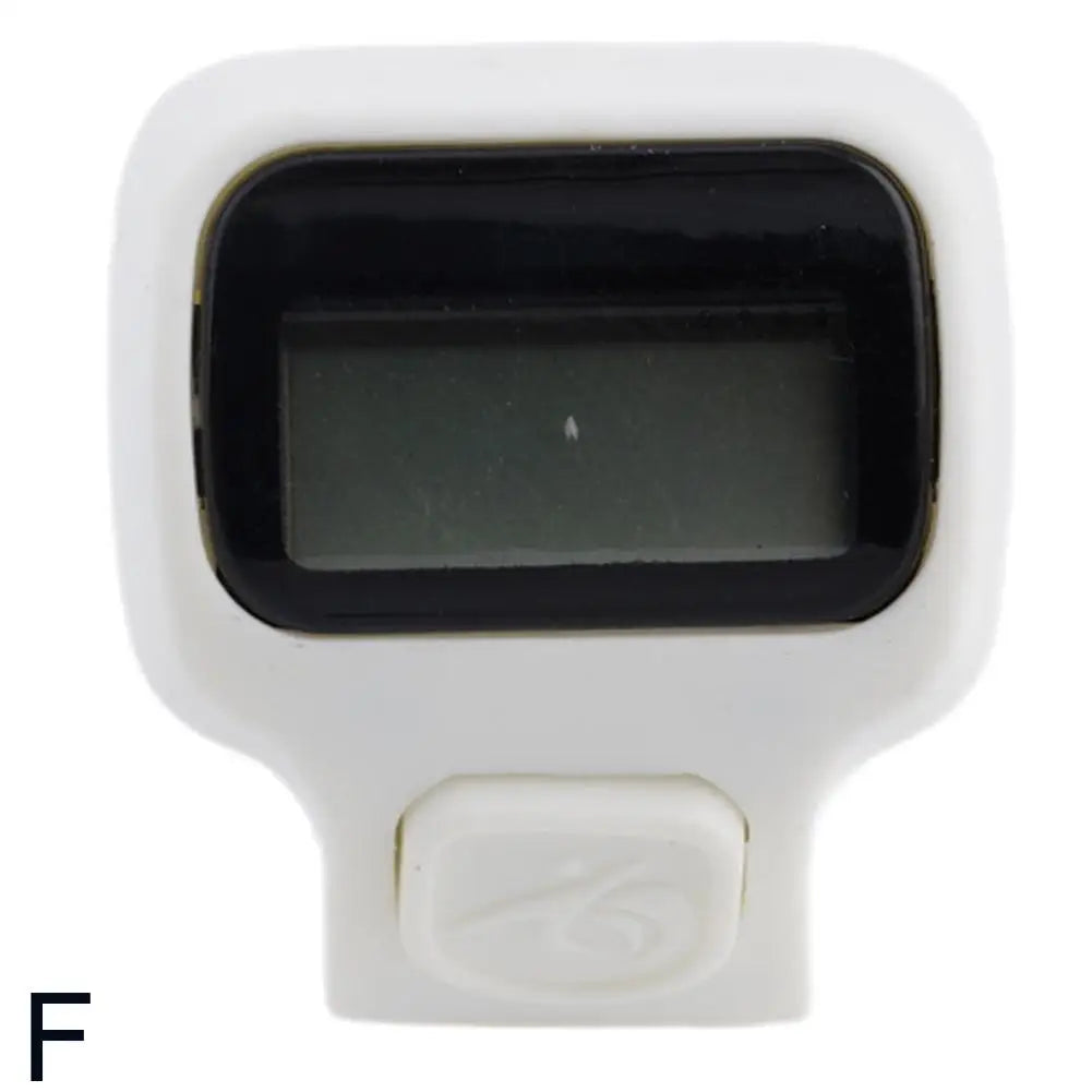 A white thumb tally counter device with a black digital display and a round button.