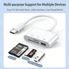 A white multi-purpose adapter featuring dual slots for SD and TF cards, along with a USB interface.