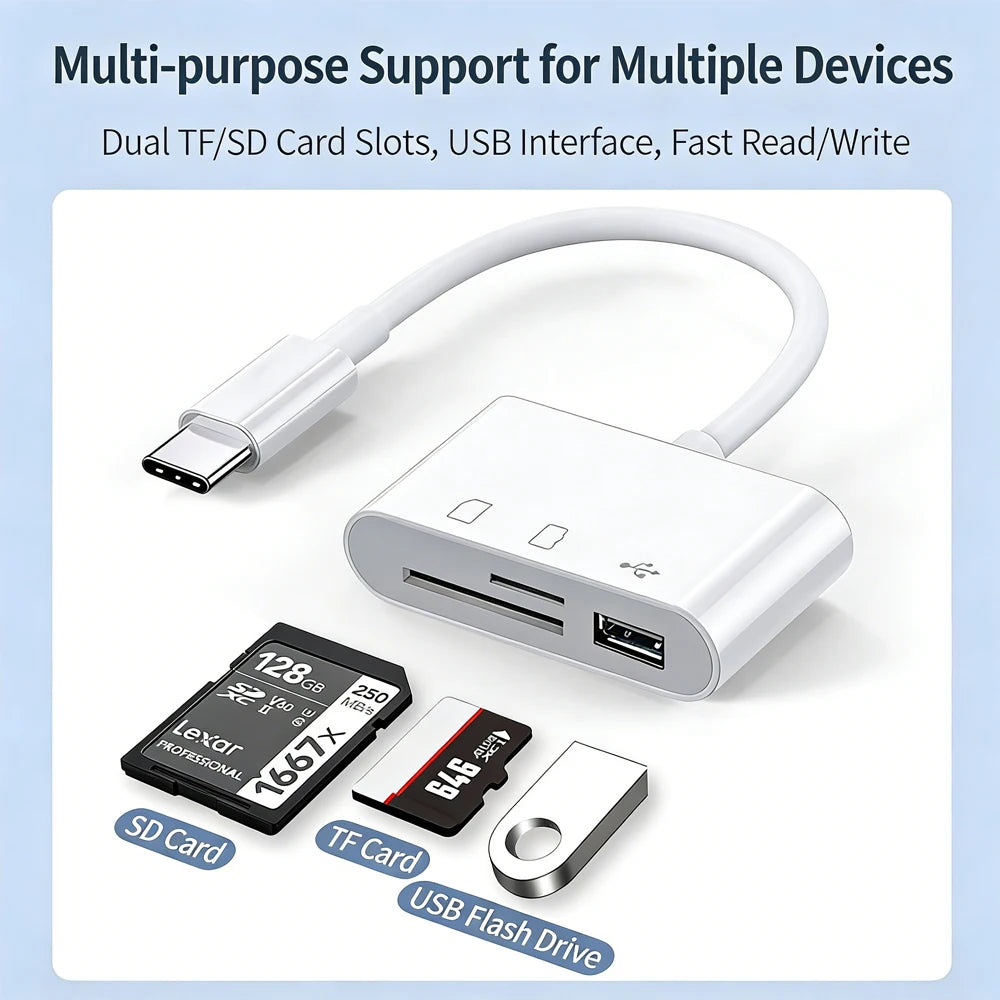 A white multi-purpose adapter featuring dual slots for SD and TF cards, along with a USB interface.
