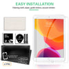 A kit for installing a tempered glass screen protector on an Apple iPad, including wipes and guide stickers.