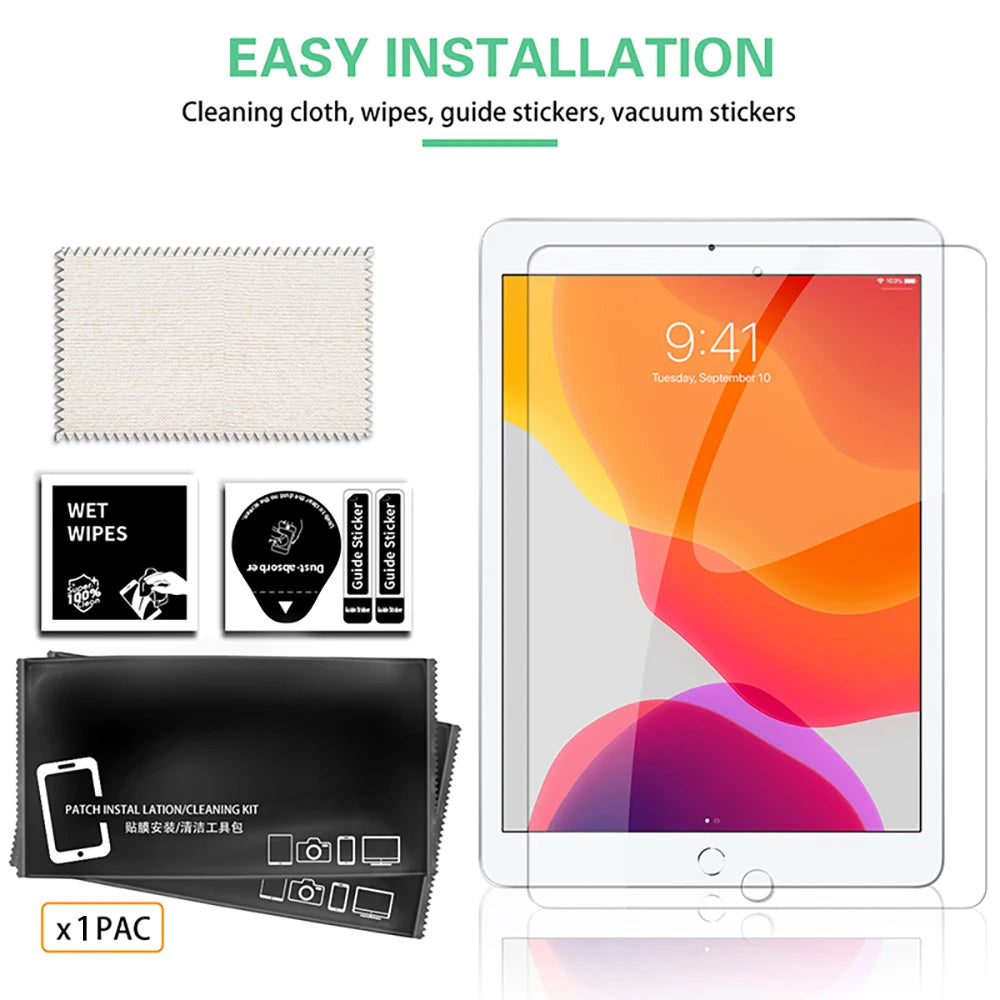 A kit for installing a tempered glass screen protector on an Apple iPad, including wipes and guide stickers.