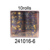 A set of 10 rolls of metallic gold washi tape featuring celestial and decorative designs for journaling and crafts.