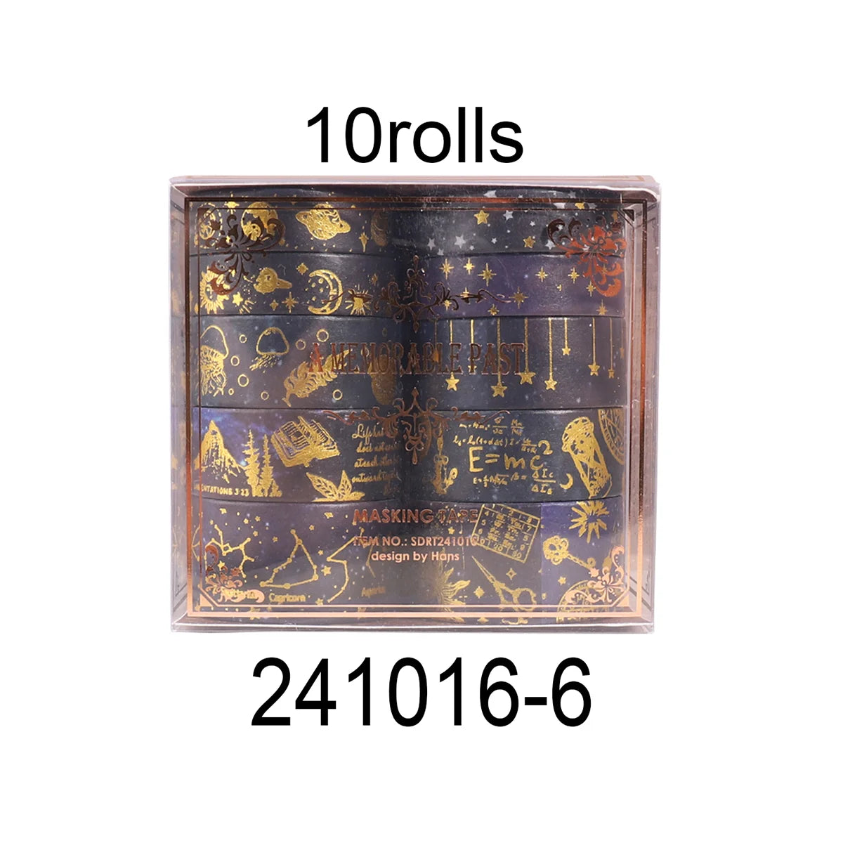 A set of 10 rolls of metallic gold washi tape featuring celestial and decorative designs for journaling and crafts.