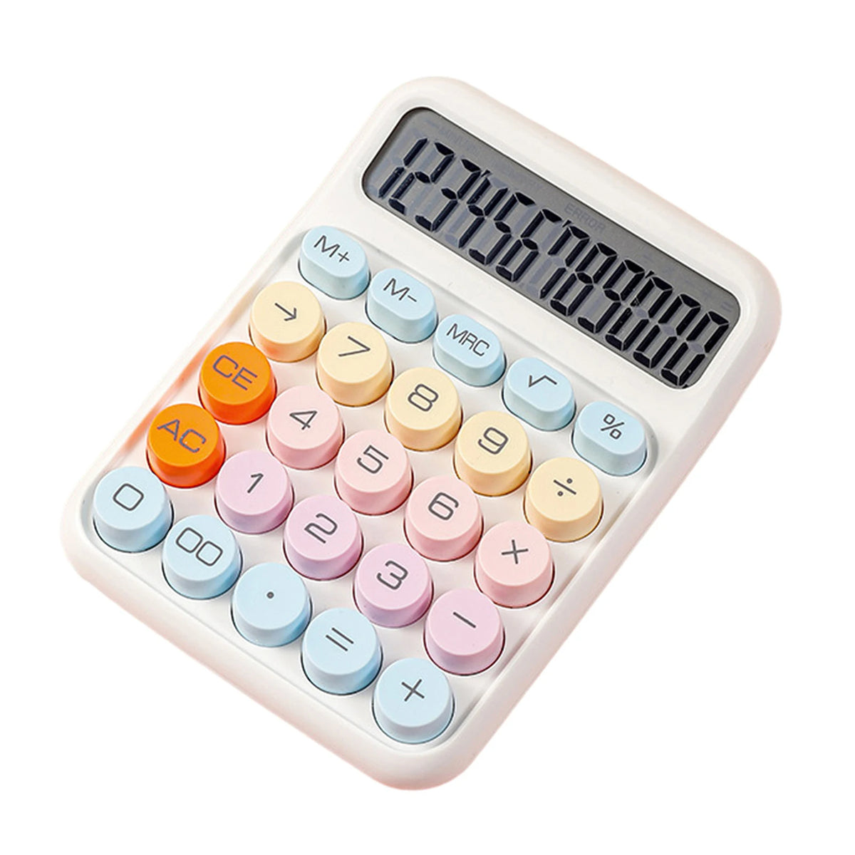 A white mechanical 12-digit calculator with round keys displaying the number 1234567890000.