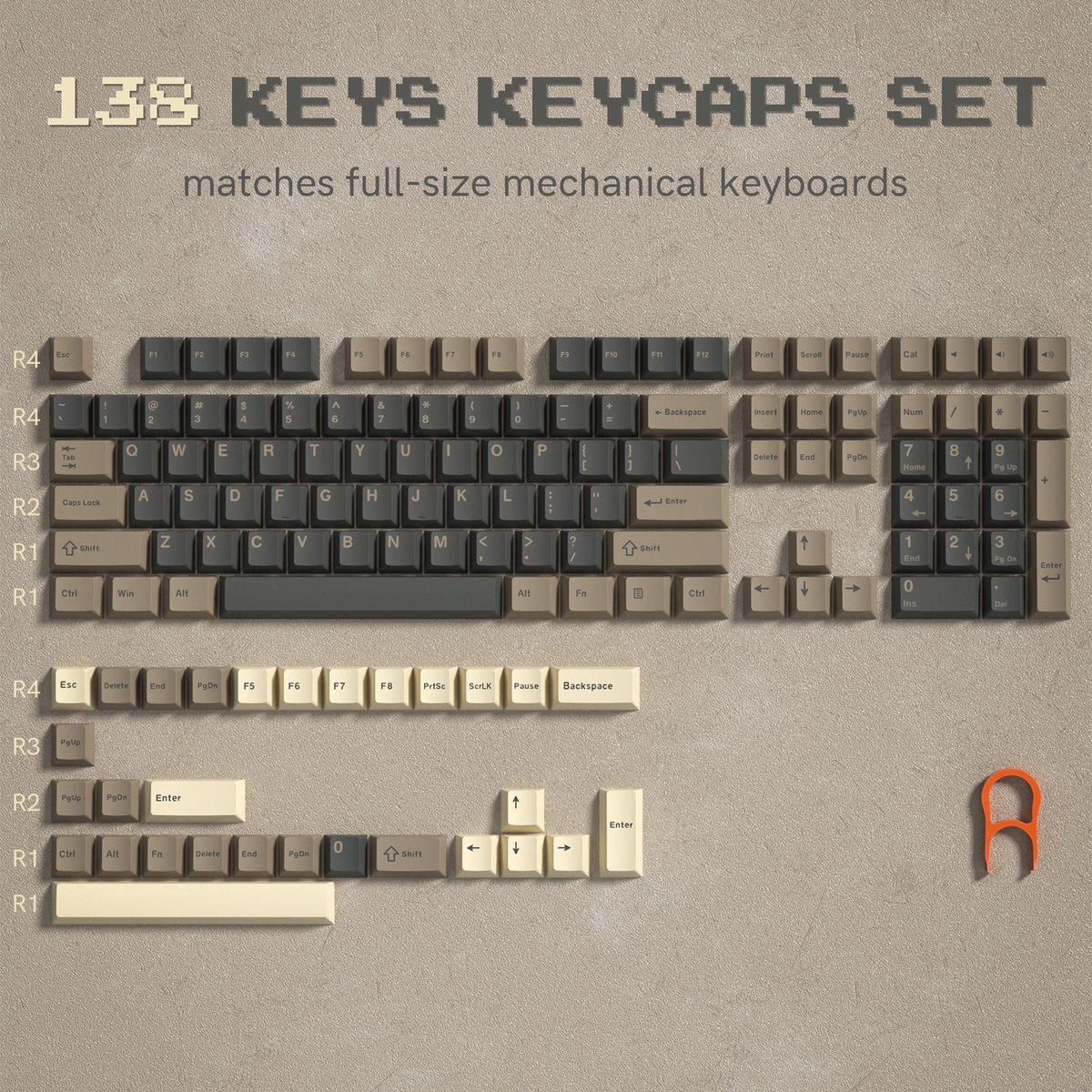 A set of 138 keys keycaps for full-size mechanical keyboards, showing various key layouts and profiles.
