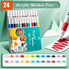 Ein Set von 24 professionellen Acrylmarker-Stiften in verschiedenen Farben neben einem roten Stift auf weißem Papier.