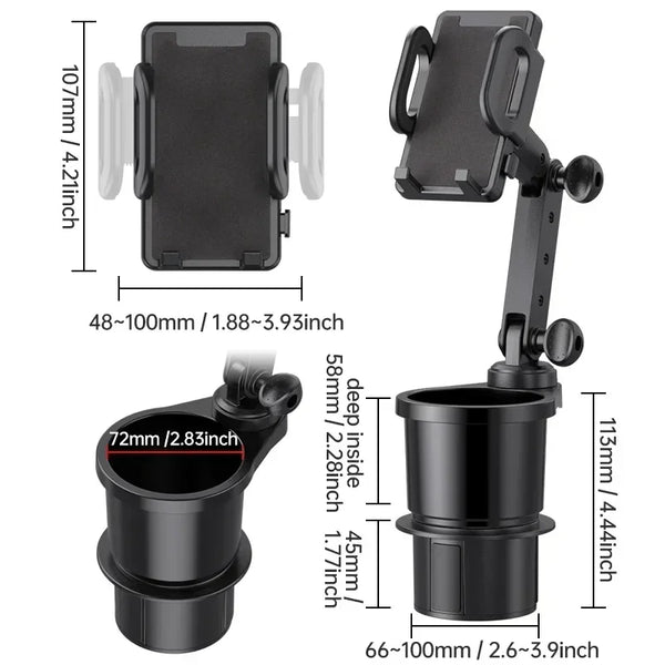 A black universal car cup holder mount with a rotating phone holder and a deep cup insert.