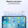 A white magnetic stylus pen is shown above an iPad displaying various app icons.