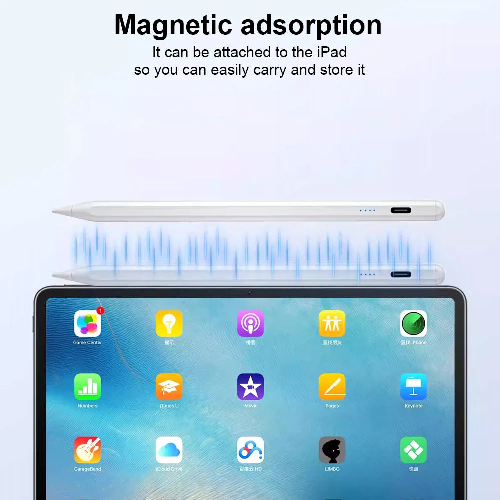 A white magnetic stylus pen is shown above an iPad displaying various app icons.