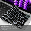 A close-up of a silicone keyboard cover for a laptop, showing precision touch ID key cutting for fingerprint login.