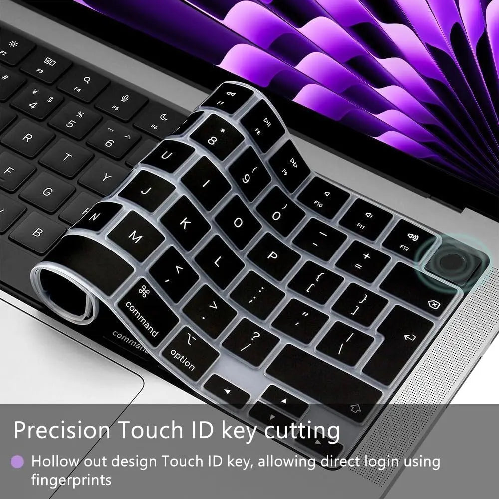A close-up of a silicone keyboard cover for a laptop, showing precision touch ID key cutting for fingerprint login.