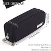 A black pencil pouch with a zipper and metal hardware is shown displaying its size.