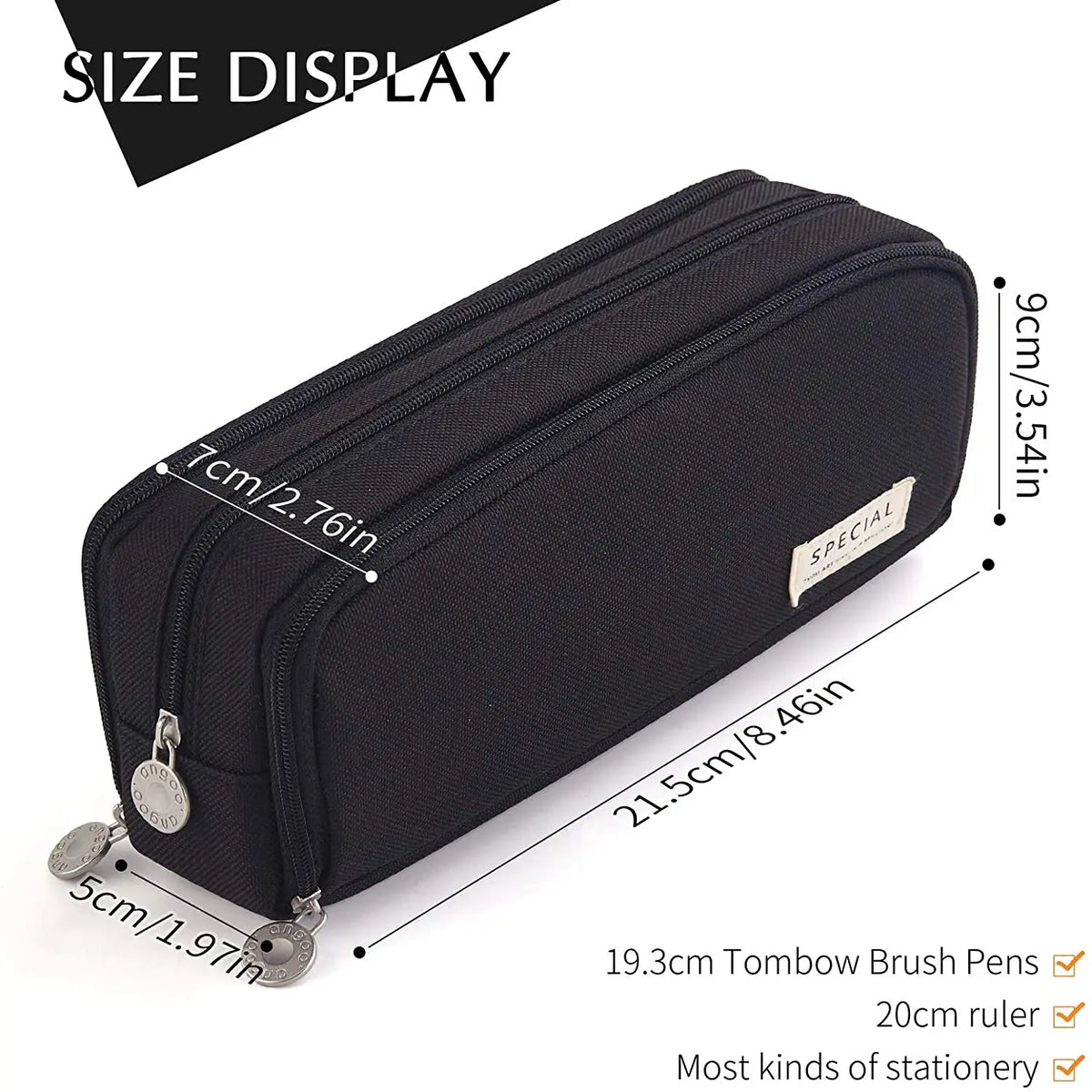 A black pencil pouch with a zipper and metal hardware is shown displaying its size.