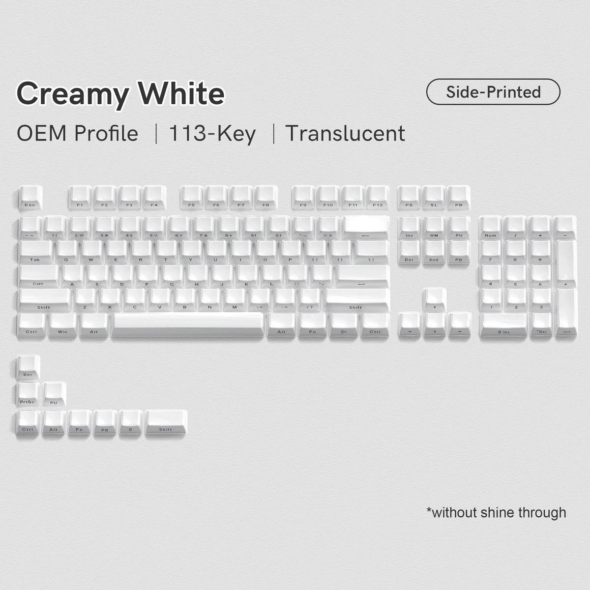 Creamy White OEM profile 113-key translucent side-printed keycaps for mechanical keyboards