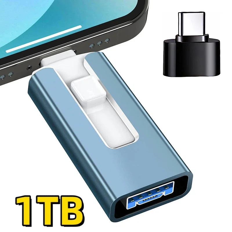 Adaptateur de clé USB bleu avec connecteur et pièce séparée, à côté d'un smartphone.