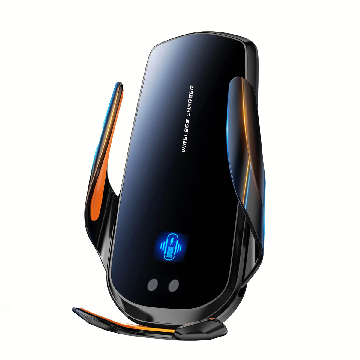 A black wireless phone charger with an orange accent, shown from the side.