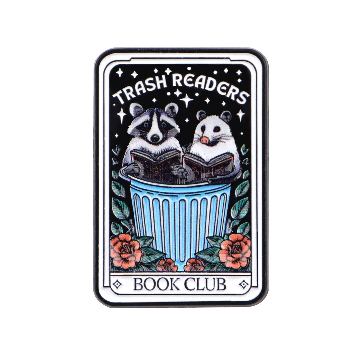 Broche émail représentant deux pandas lisant des livres entourés de feuillage et le texte Trash Readers Book Club