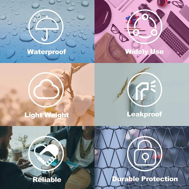 Icons illustrating features of self-sealing poly mailers including waterproof, widely use, light weight, leakproof, and durab