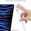 A hand holds a white stylus pen next to an iPad displaying colorful writing lines.