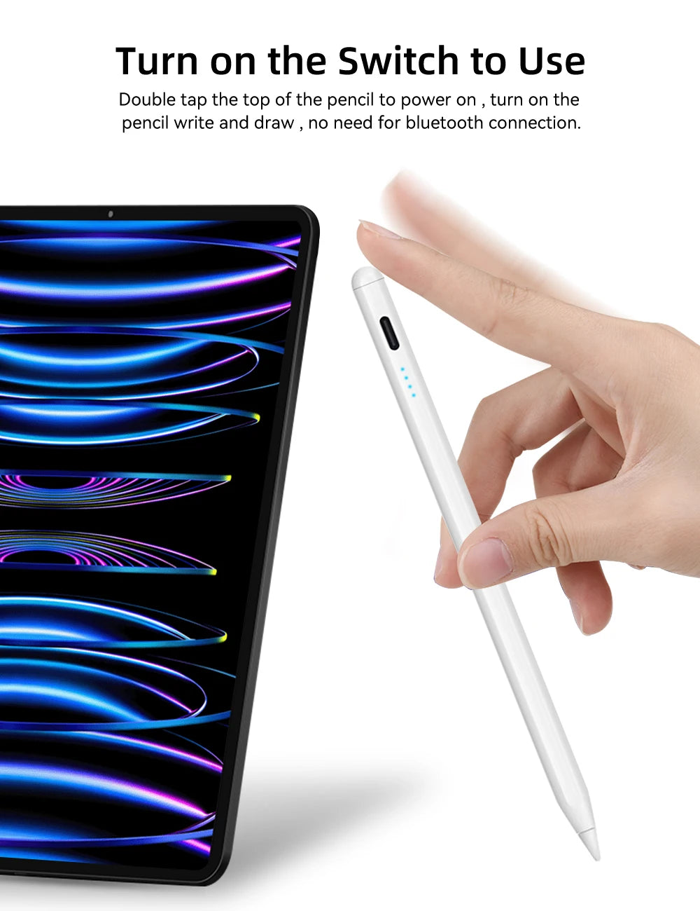 A hand holds a white stylus pen next to an iPad displaying colorful writing lines.