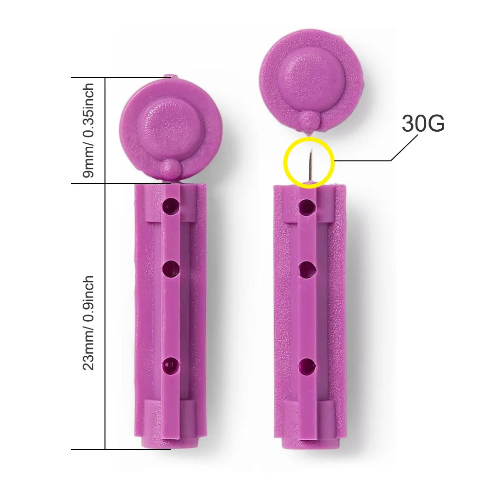 A purple sterile 30G lancet device with a circular cap and a needle, shown next to dimension lines.