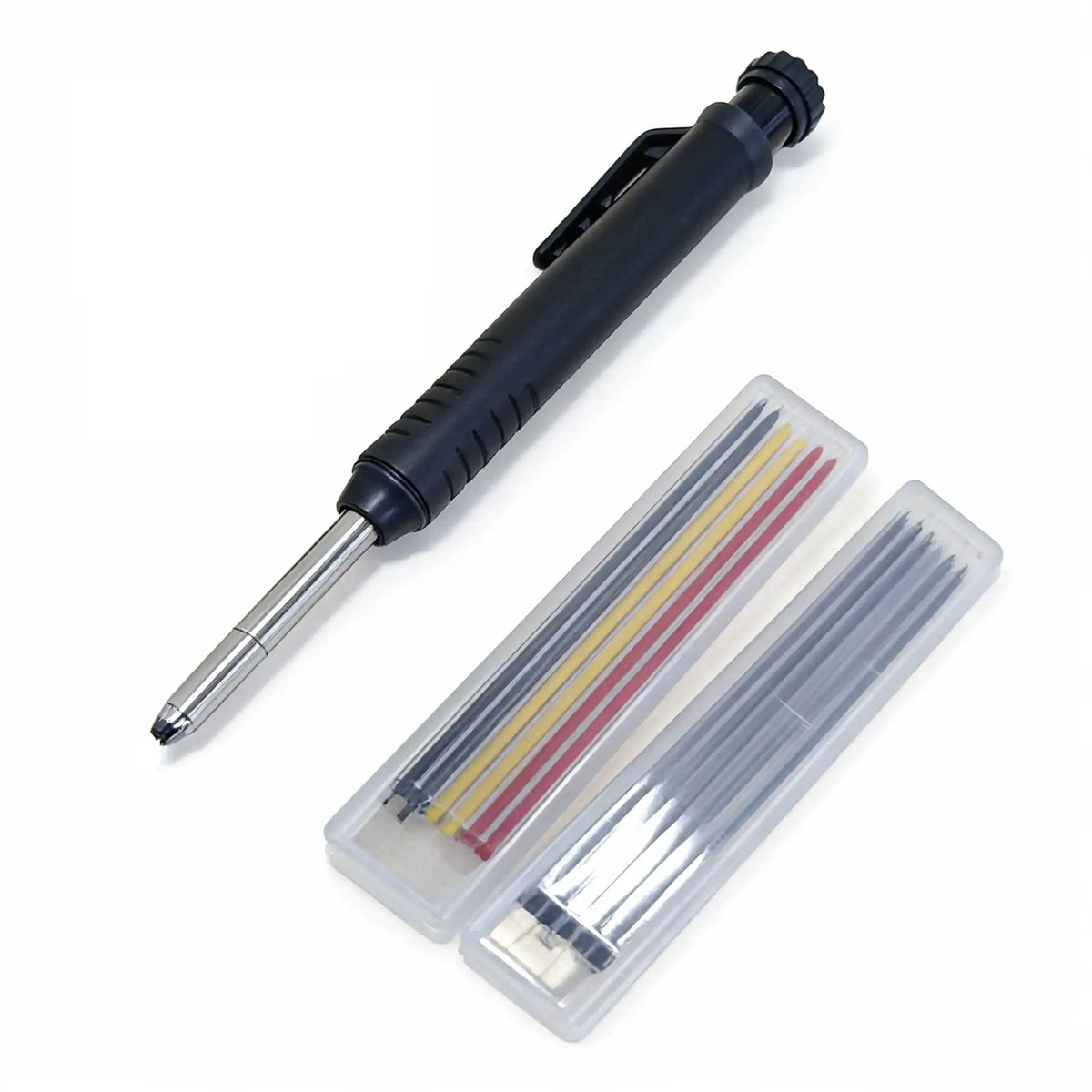 A black refillable woodworking marker pencil with a metal tip and clear plastic housing.