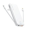 A white portable charger with built-in cables and a wall plug is shown in a vertical orientation.