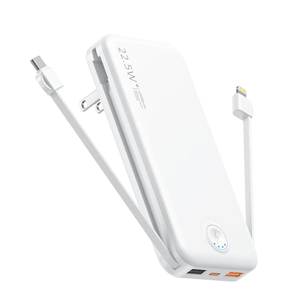 A white portable charger with built-in cables and a wall plug is shown in a vertical orientation.