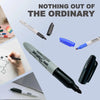 A collection of various marker pens and a black pen are displayed against a light background.