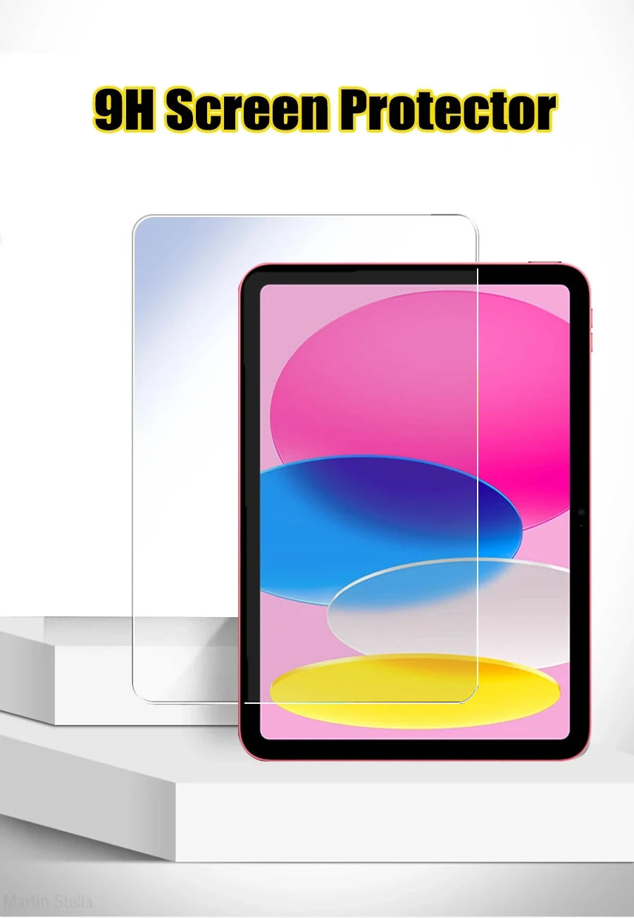 A close-up view of a 9H screen protector being applied to an iPad, showing vibrant colors on the screen.