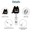 Details of a black cat-shaped retractable ID badge holder featuring an exquisite crystal and a metal snap.