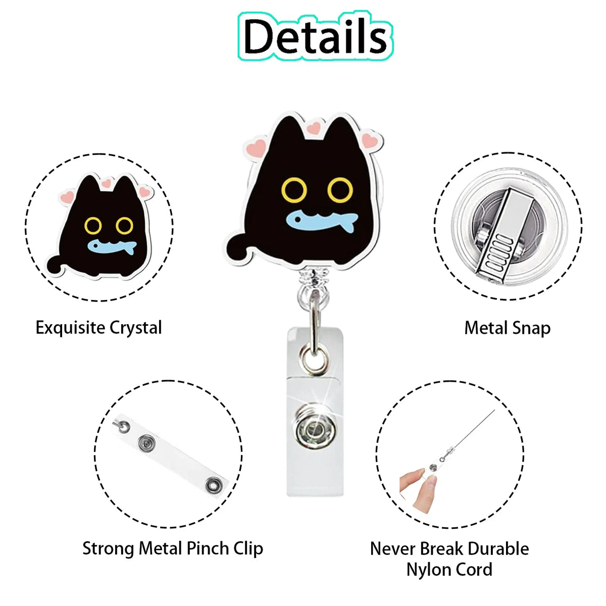 Details of a black cat-shaped retractable ID badge holder featuring an exquisite crystal and a metal snap.