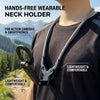 A person wearing a black t-shirt is shown using a magnetic neck holder for action cameras or smartphones.