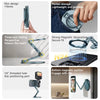 A foldable magnetic phone and tablet stand with a slim design and various positioning features.