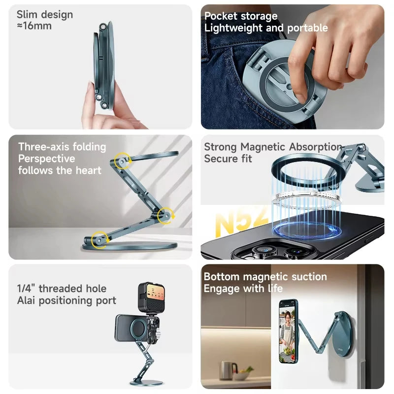 A foldable magnetic phone and tablet stand with various design features shown in close-up views.