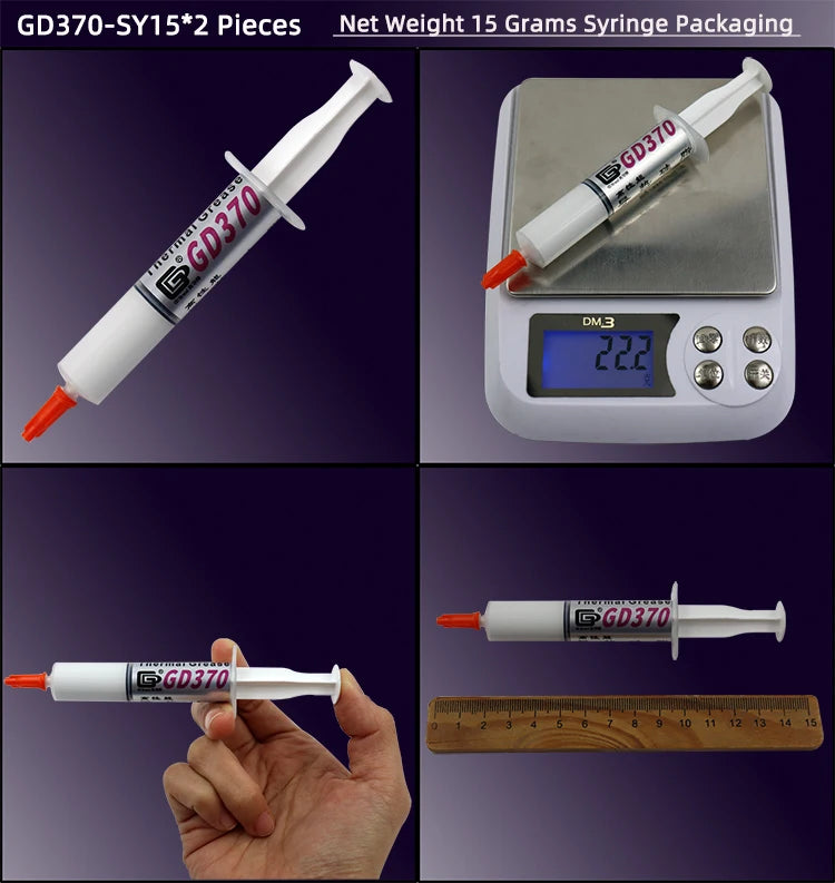A syringe of GD370 thermal conductive grease paste is shown next to a digital scale and a ruler.