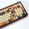 A tray of PBT keycaps for a mechanical keyboard in the KOA profile, featuring various colors and designs.